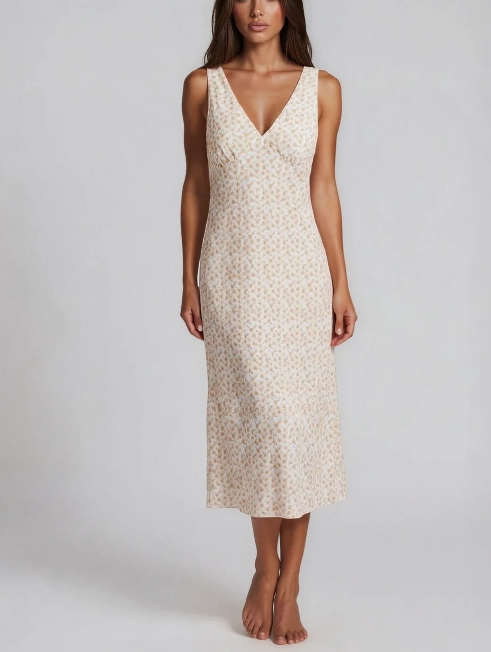 Kittenish Ditsy Floral Midi V-Neck Ivory Orange/Peach Green Slip Dress Size S